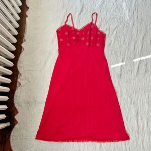 Vintage 1960s Seamprufe Red Lace Trim Floral Embroidered Midi Slip Dress Size 36